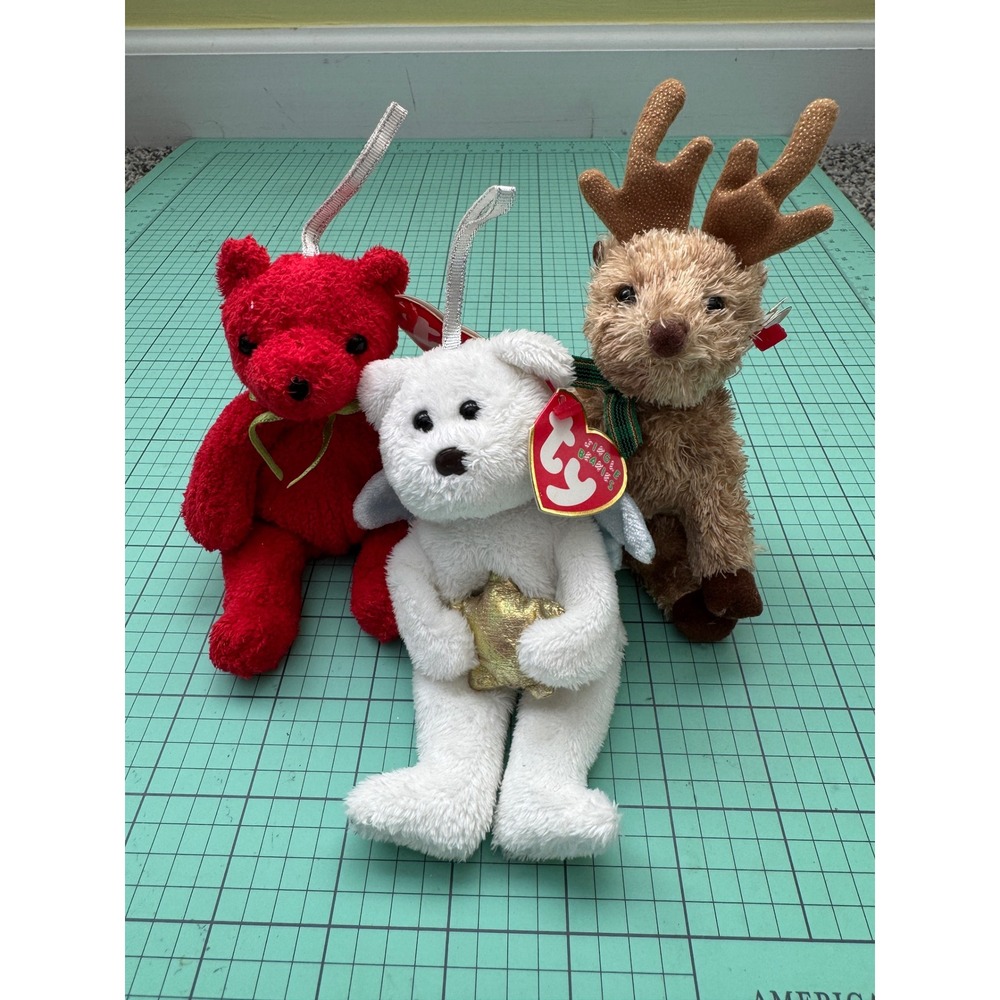 Ty Jingle Beanies Christmas Ornament Lot Red White Bear Reindeer Plush Set 2004
